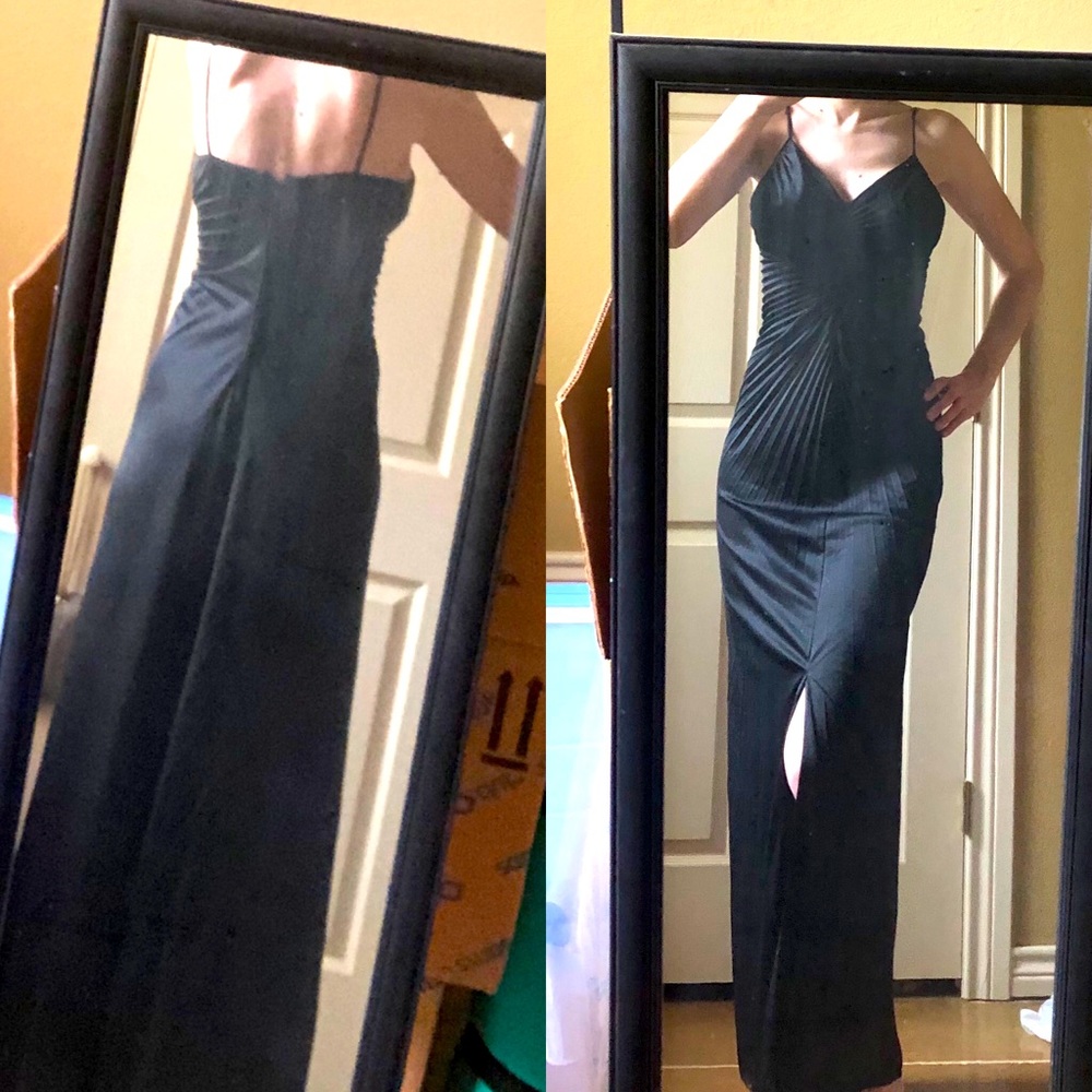 Long black pleated gown with Front Slit